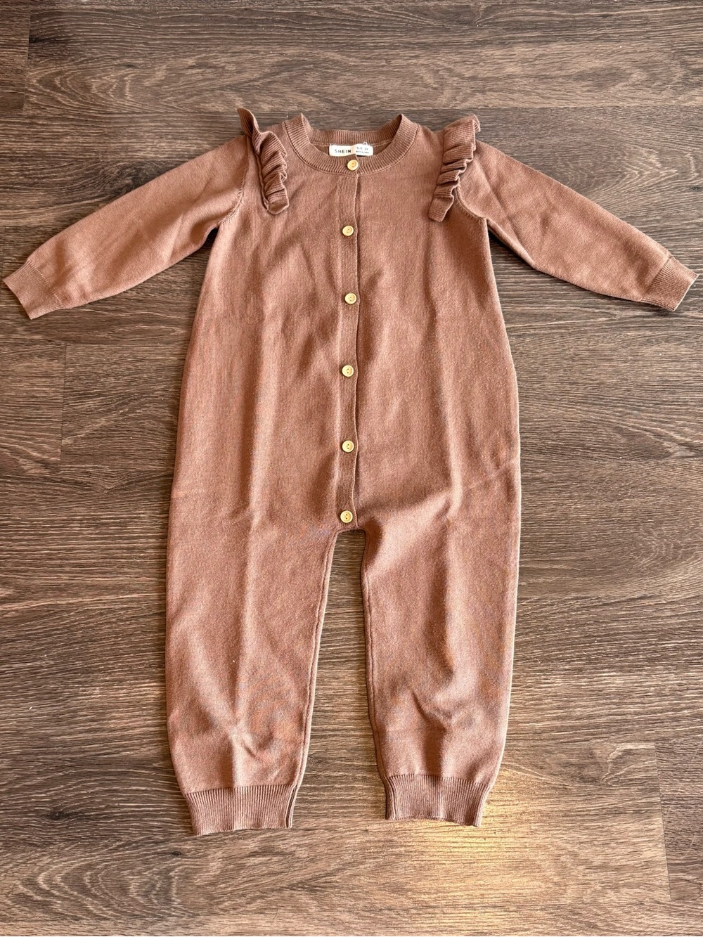 SHEIN Dusty Brown Knit Ruffle-Shoulder Baby One-Piece